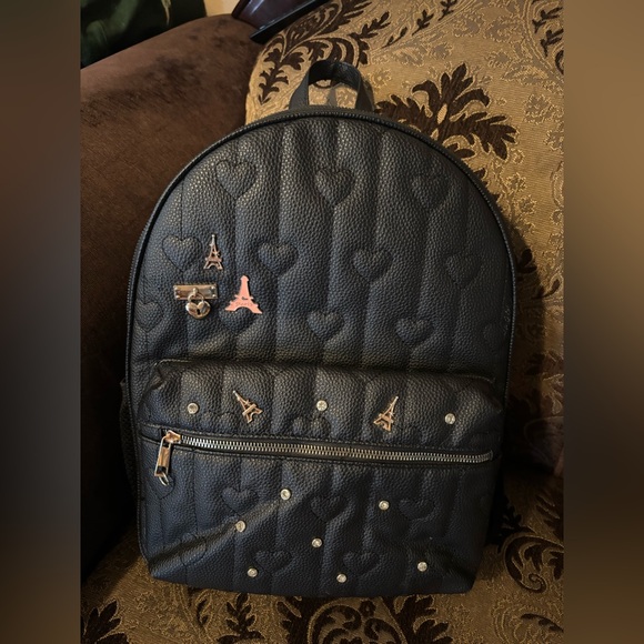 Black Heart Pattern Backpack with Eiffel Tower Charms - Picture 1 of 2